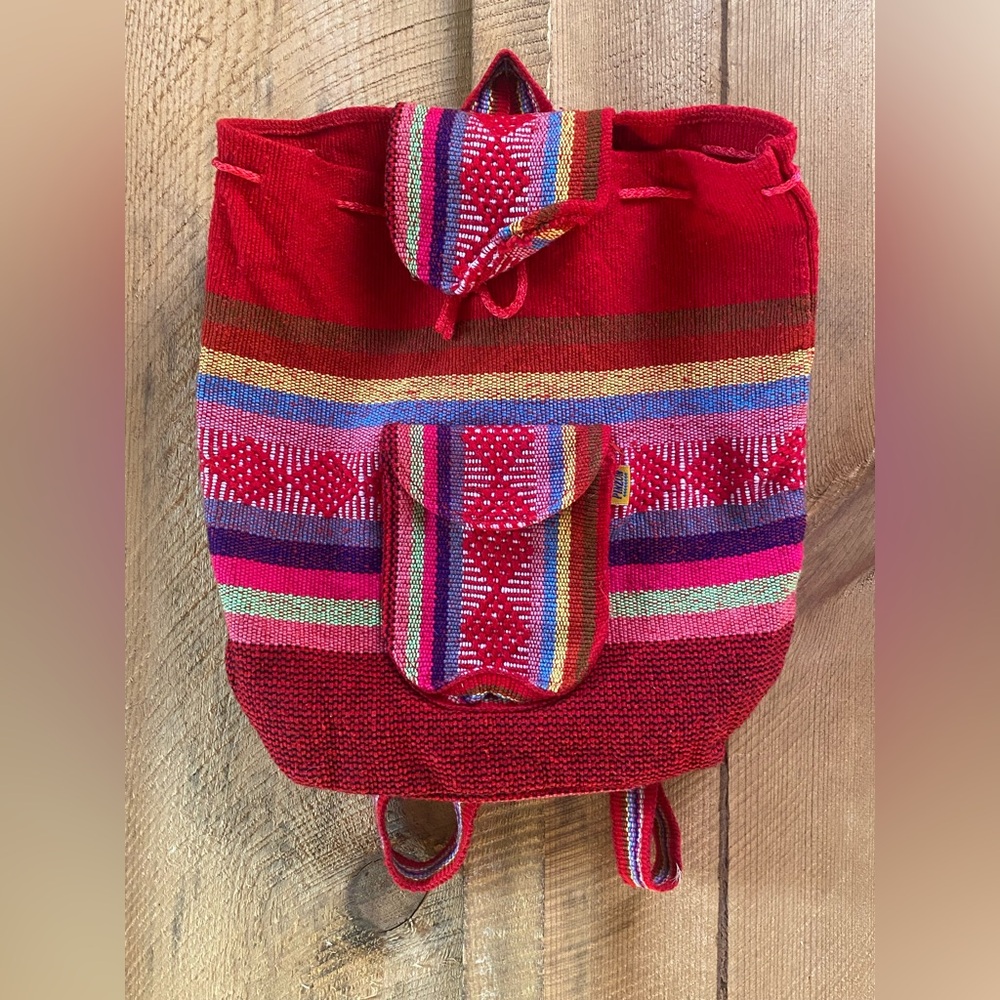 Vintage Mexican Handwoven Backpack Purse Red Multicolor Boho‎ Festival Bag